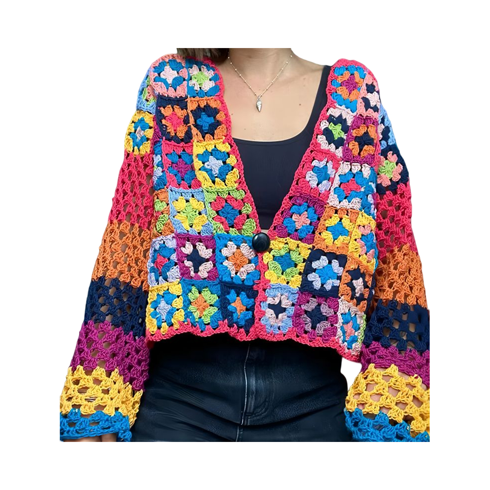 Kabát Babička čtvercový cardigan barevný patchwork bunda cardigan handmade háčkovaný svetr